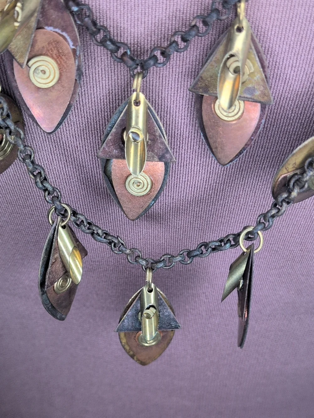 Vintage 80 Brutalist Mixed Metal Layered Statement Necklace Brass Copper - As Is